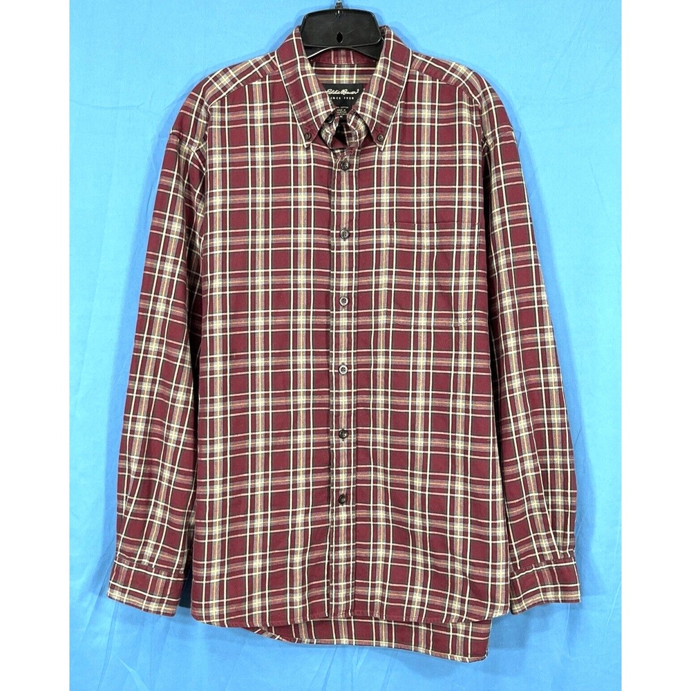 EDDIE BAUER Burgundy Plaid TWILL One-Pocket LONG SLEEVE Button-Up Shirt M